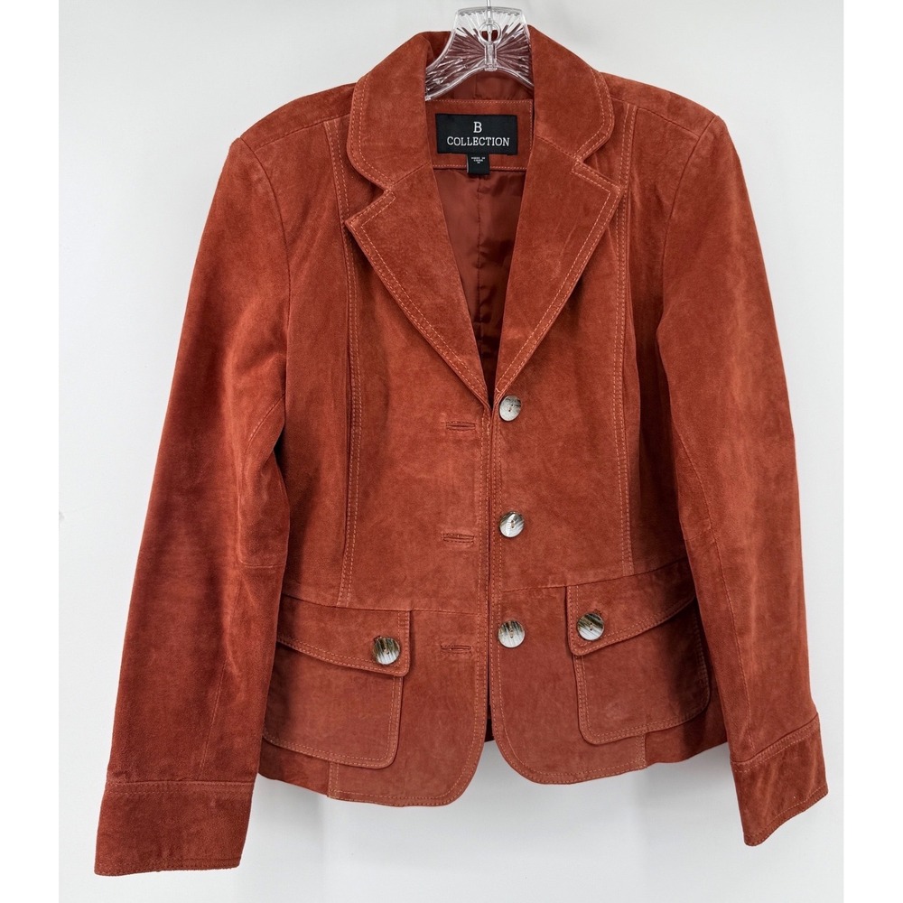 B Collection Rust Orange Suede Genuine Leather Blazer Jacket Women Medium 90s